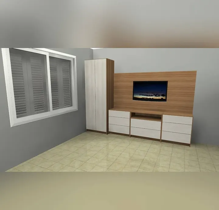 Render 3D de un mueble a medida con columna, panel para TV y rack con cajones, diseñado antes de fabricar en nuestro taller de General Roca