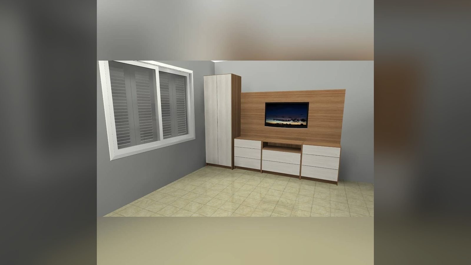 Render 3D de un mueble a medida con columna, panel para TV y rack con cajones, diseñado antes de fabricar en nuestro taller de General Roca